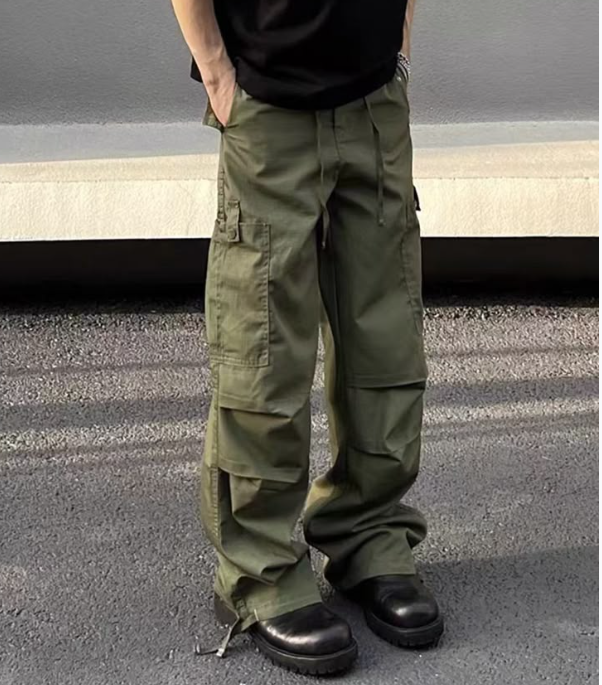 Double thigh zipper pocket straight-leg cargo pants